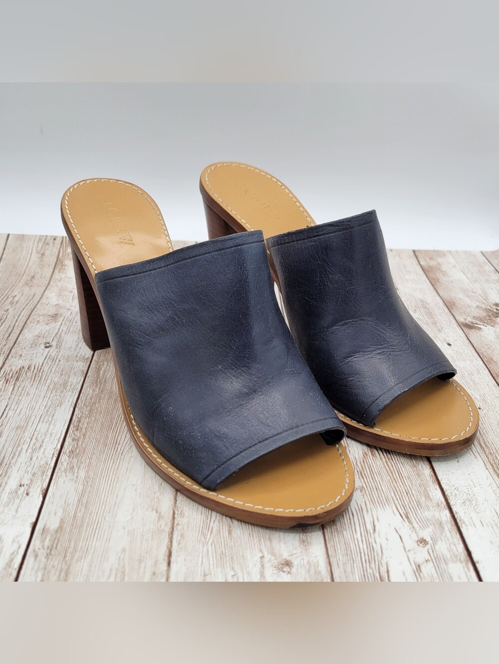 J.Crew Marlow Leather Block Heel Slide Mules -Open Toe- Women's Size 8.5 8 1/2